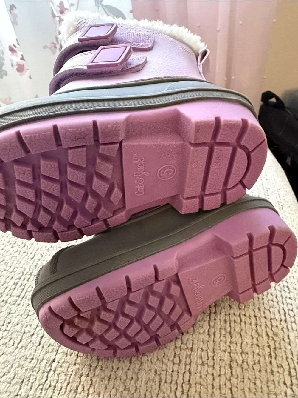 Cat & Jack Toddler Pink and Gray Faux-Fur Strap Snow Boots